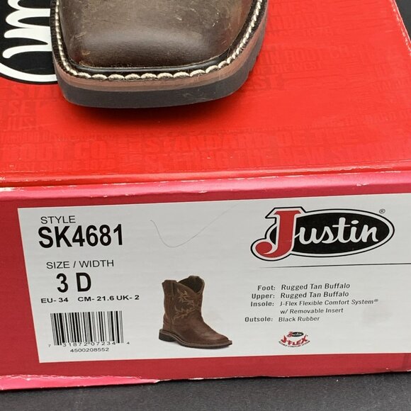 Justin Western Boots Kids Brown Leather Size 3D Rugged Tan Buffalo SK4681 - Picture 3 of 12